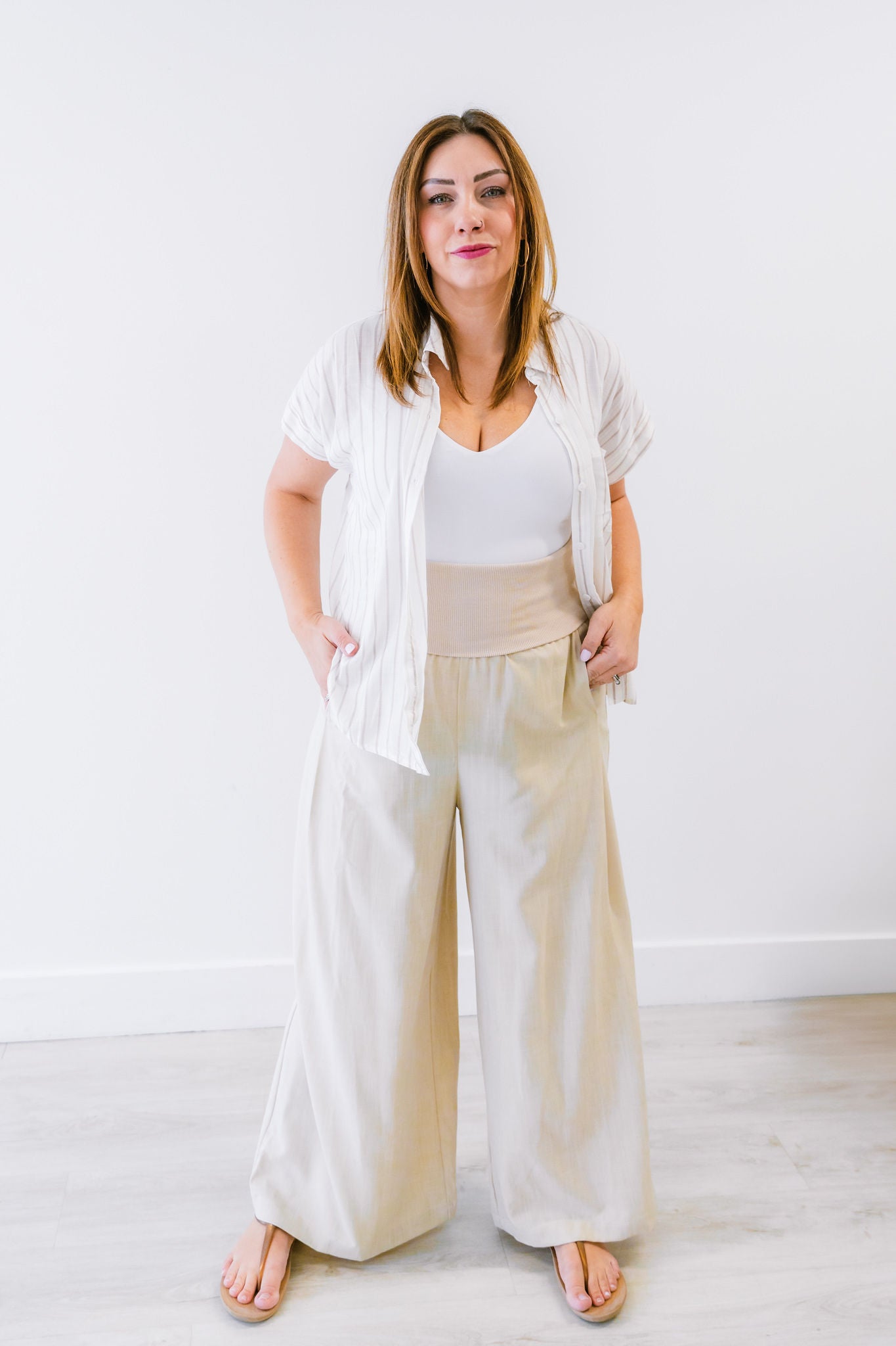 Hazel Solid Woven Pant with Knit Waist Fold Over and Wide Leg