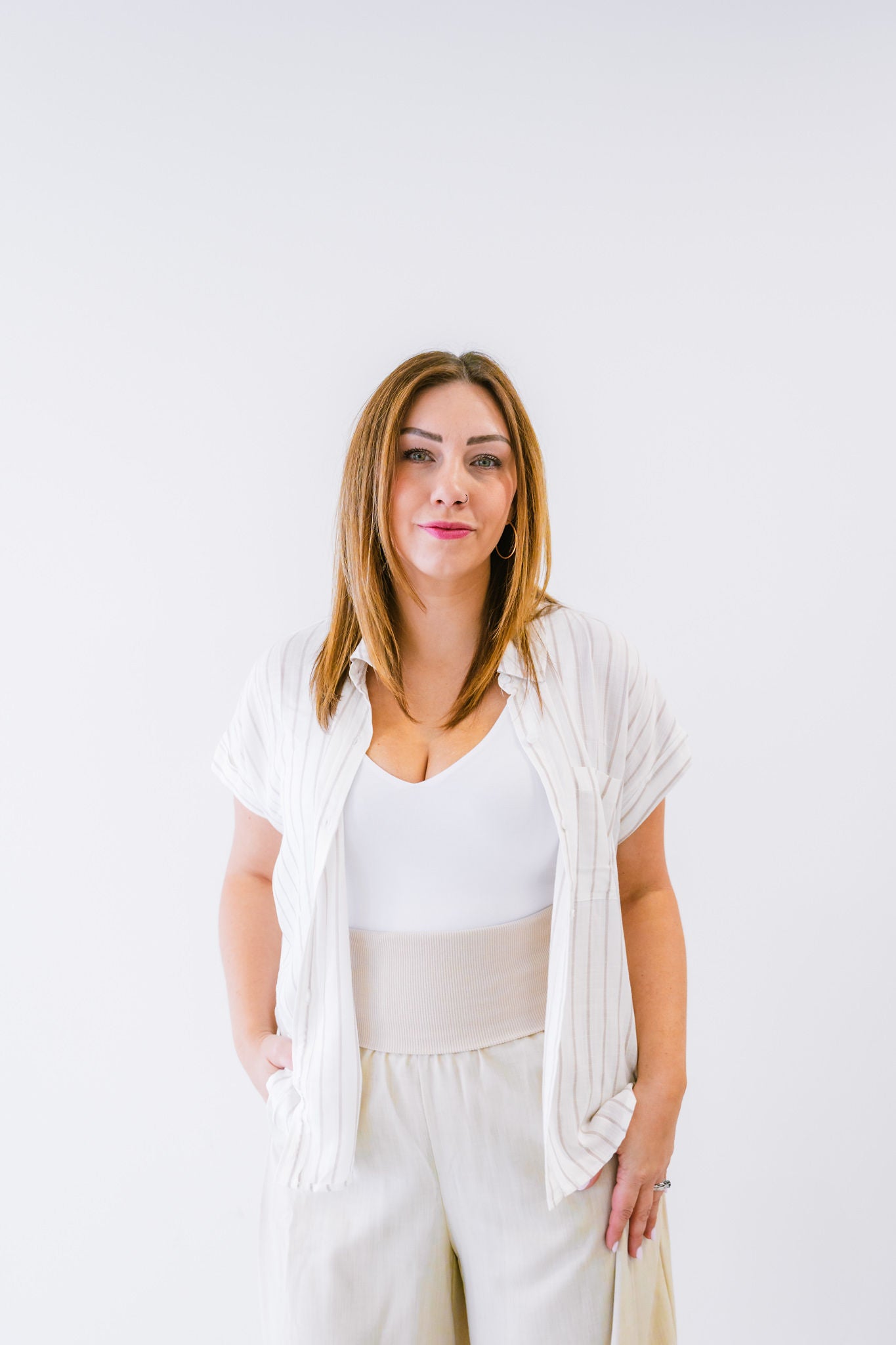 Hazel Solid Woven Pant with Knit Waist Fold Over and Wide Leg