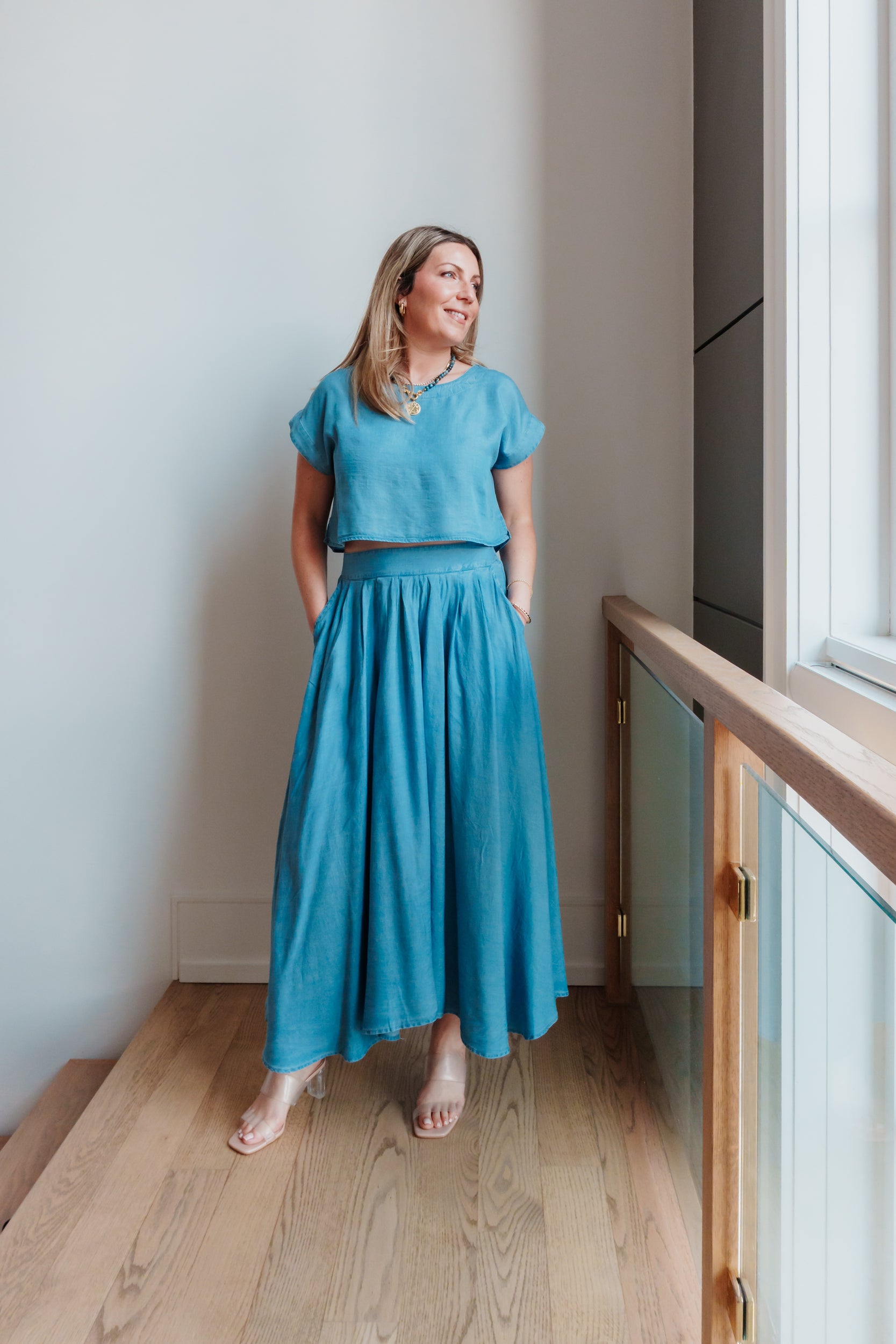 Lola Chambray Pleated Midi Skirt & Boat Neck Boxy Top Set