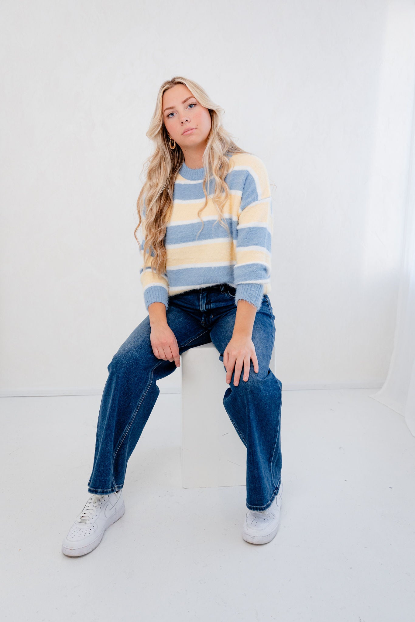 Carrie Loose Fit Striped Fuzzy Knit Sweater Top