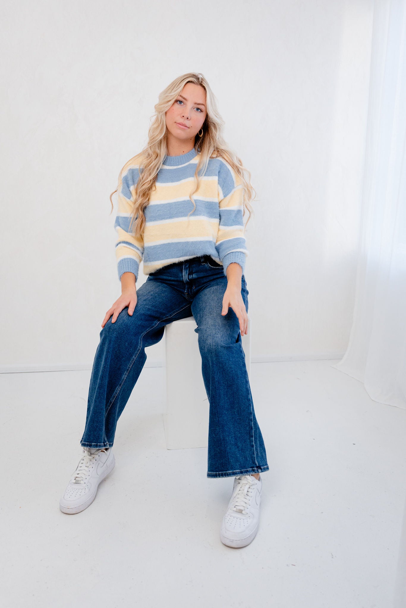 Carrie Loose Fit Striped Fuzzy Knit Sweater Top