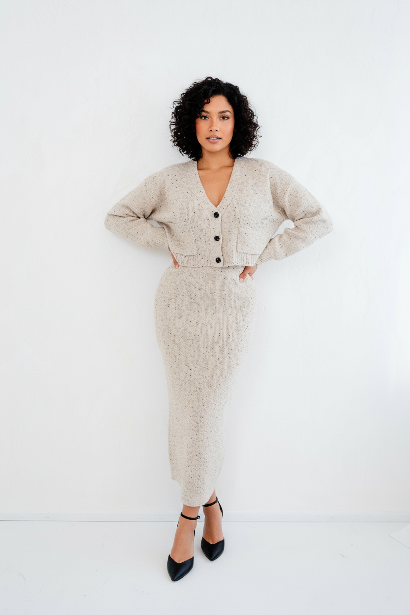 Nola Relaxed Fit Knit Cardigan Top and Midi Skirt Set