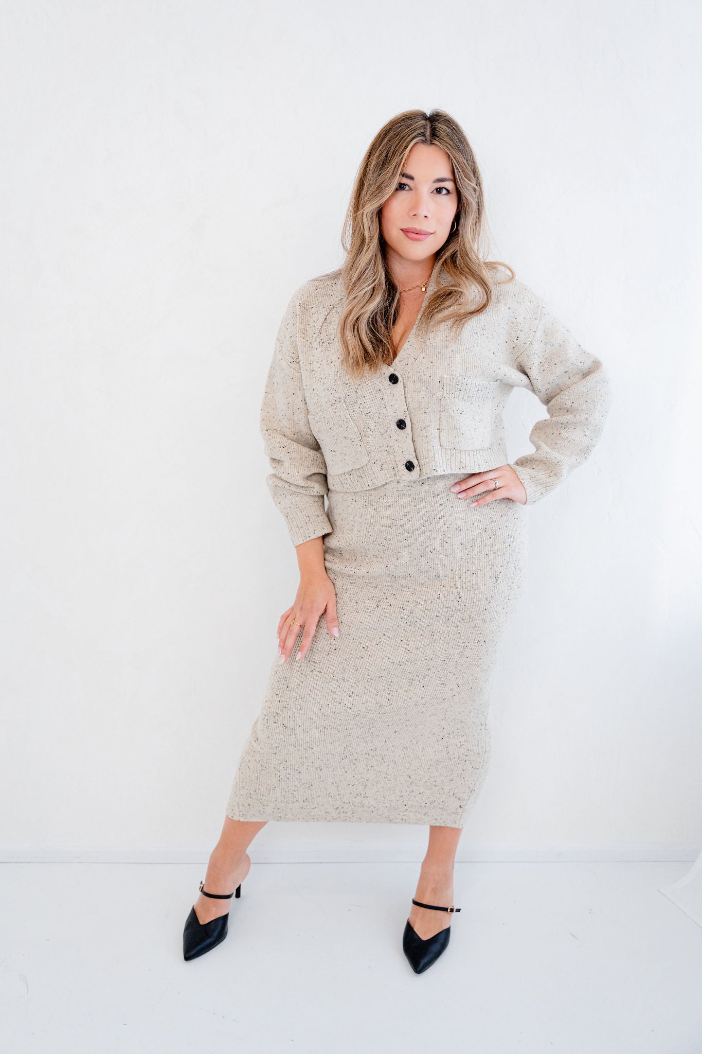 Nola Relaxed Fit Knit Cardigan Top and Midi Skirt Set