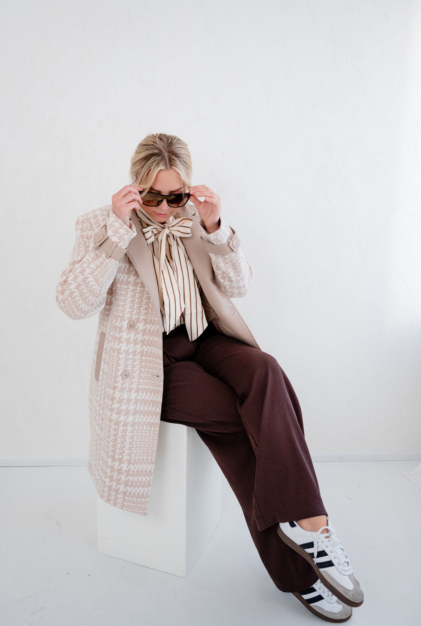 Tia Mid Length Houndstooth Vegan Wool Coat with Vegan Leather Details