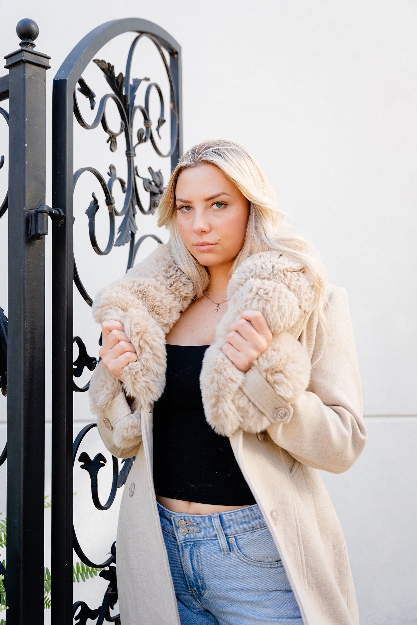 Ester Belted Vegan Wool Coat with Removable Fur Cuffs and Collar