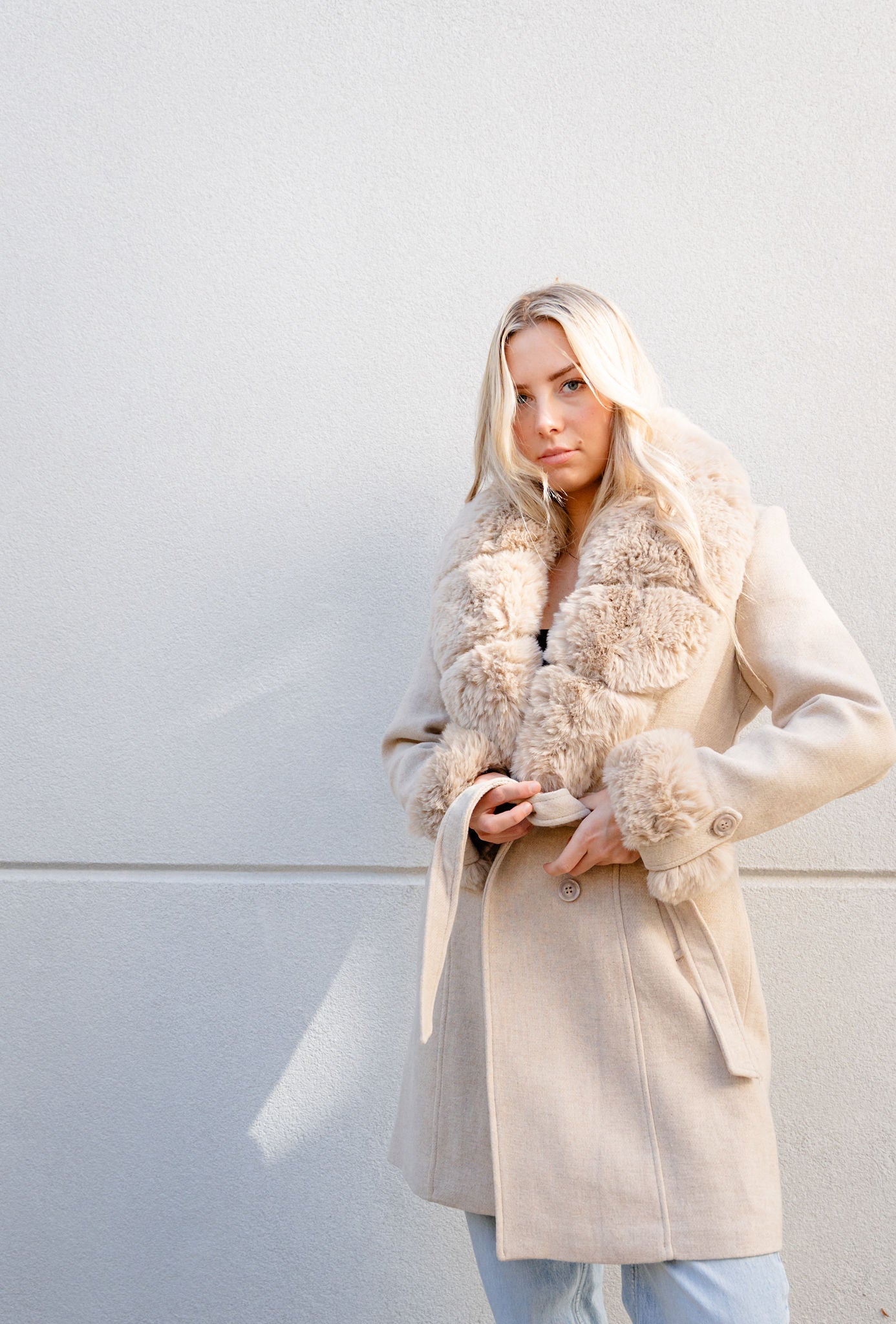 Ester Belted Vegan Wool Coat with Removable Fur Cuffs and Collar