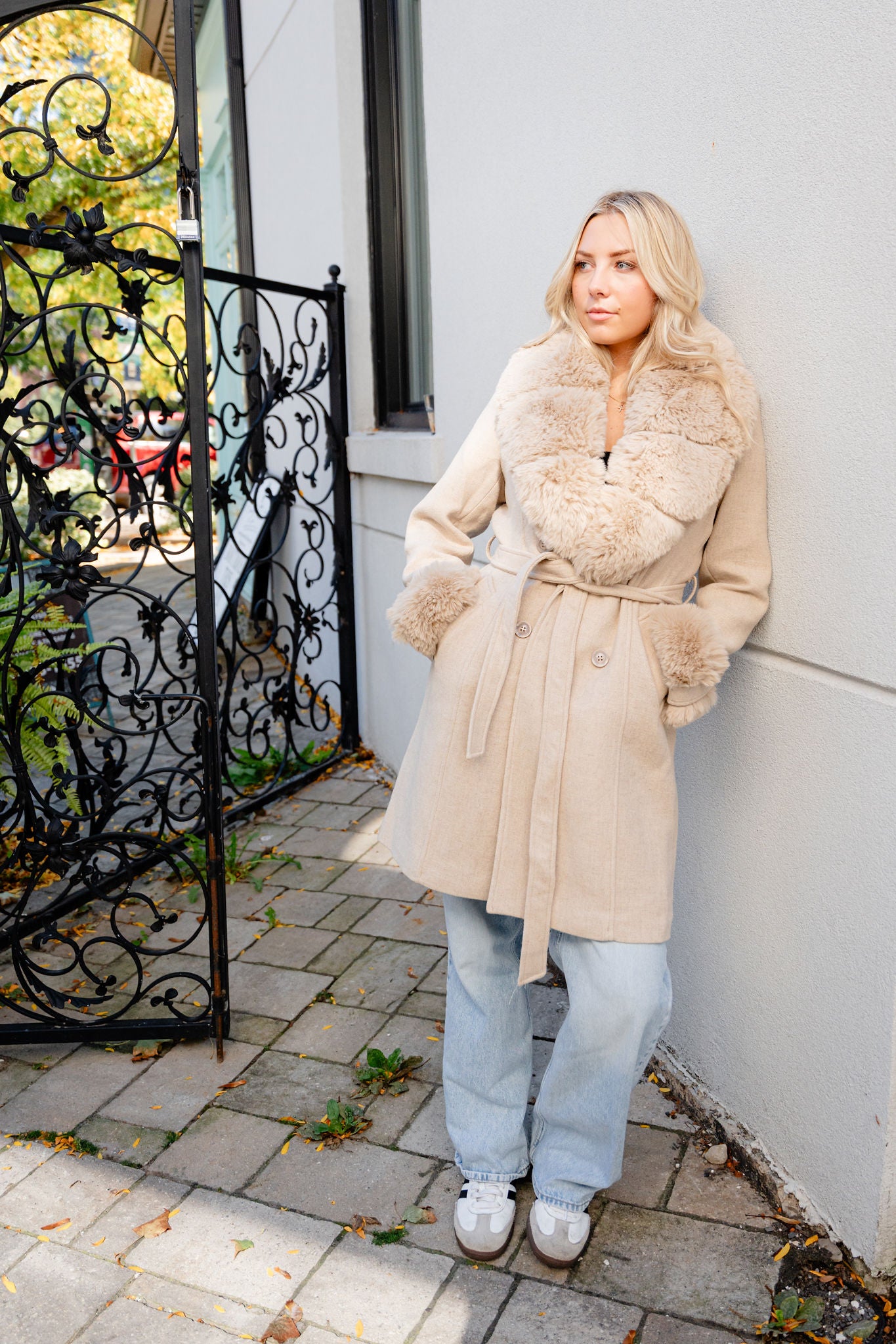 Ester Belted Vegan Wool Coat with Removable Fur Cuffs and Collar