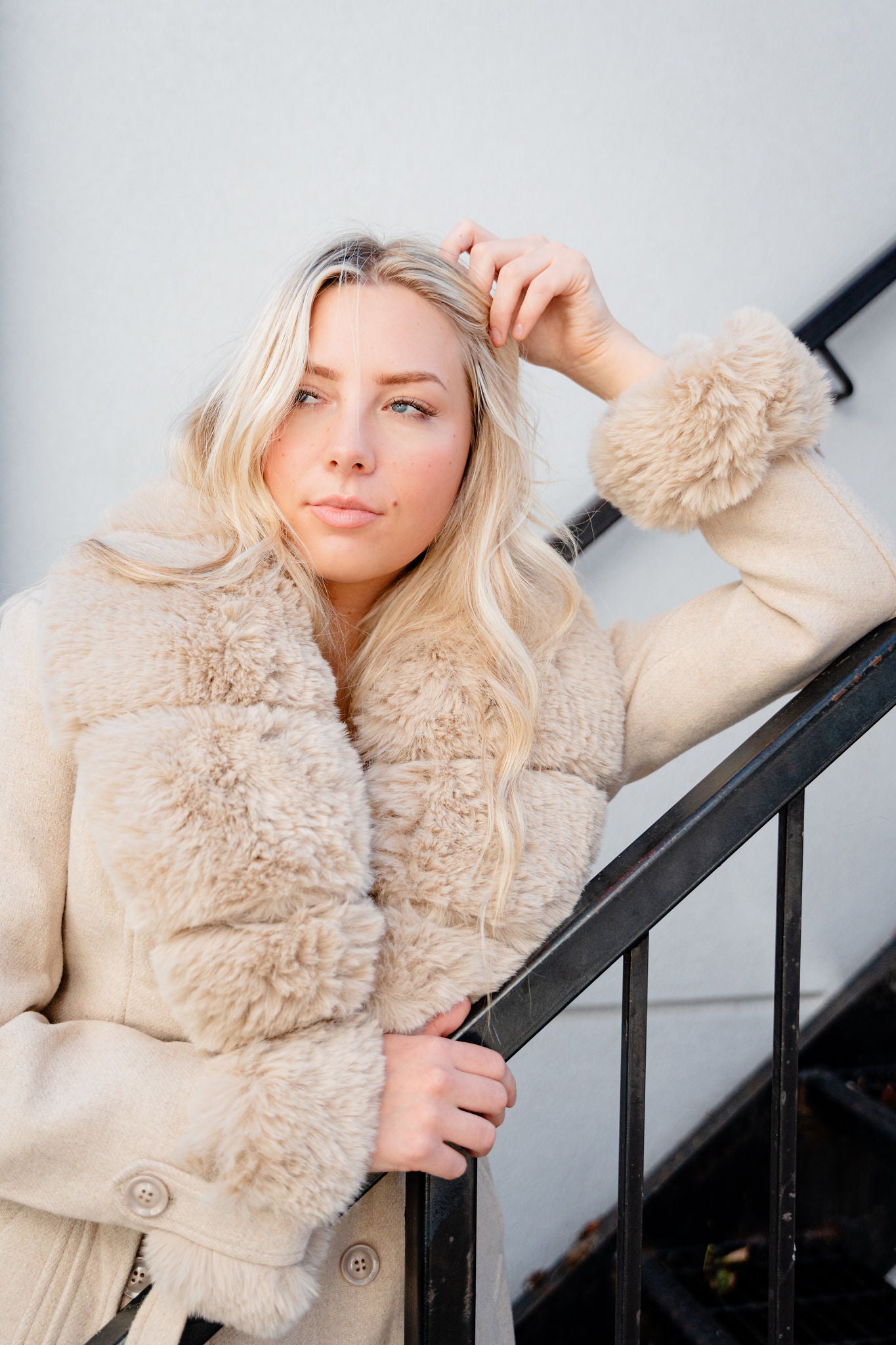 Ester Belted Vegan Wool Coat with Removable Fur Cuffs and Collar