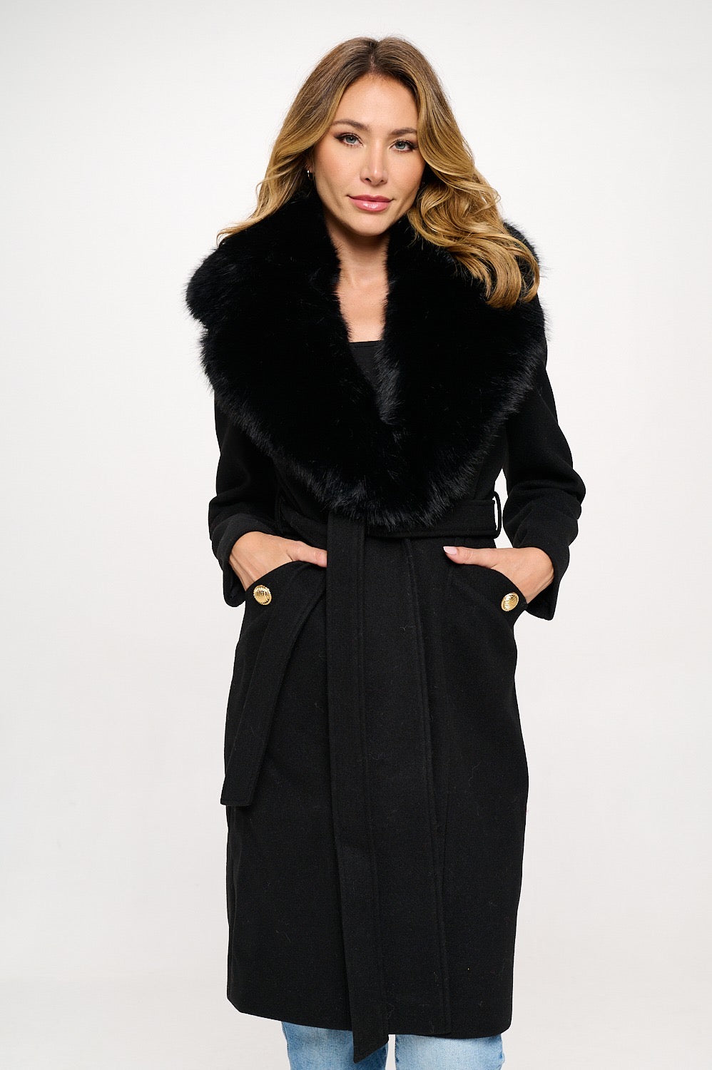 Beatrix Belted Vegan Wool Coat with Removable Fur Cuffs and Collar