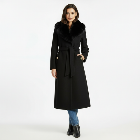 Beatrix Belted Vegan Wool Coat with Removable Fur Cuffs and Collar