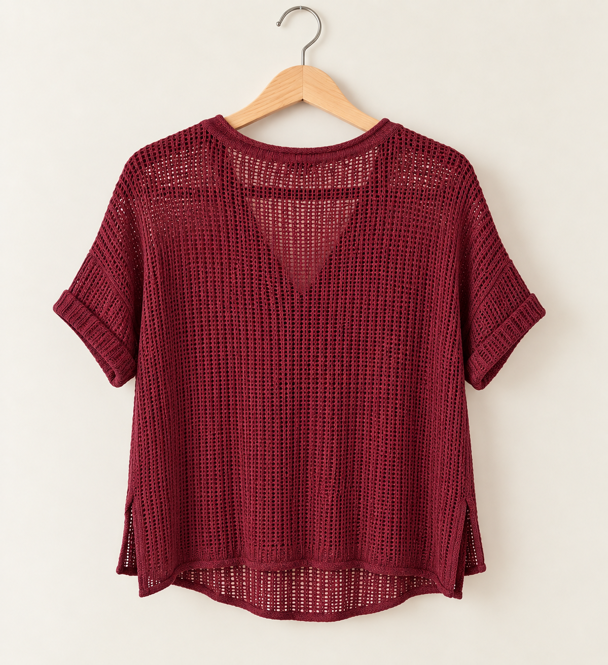 Evie Split Neck Short Sleeve Crochet Knit Top