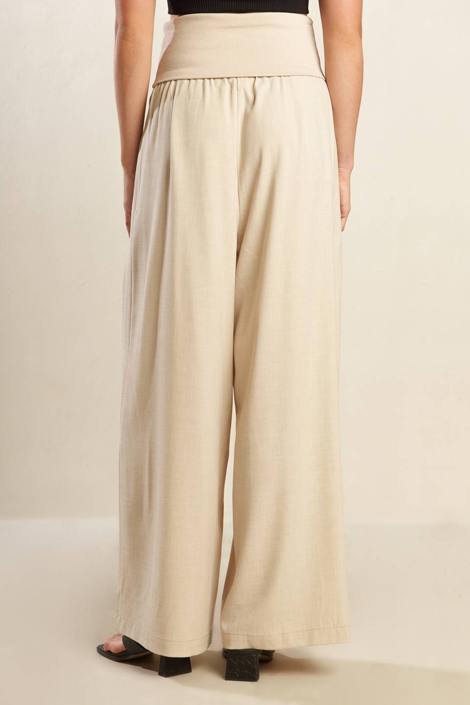 Hazel Solid Woven Pant with Knit Waist Fold Over and Wide Leg