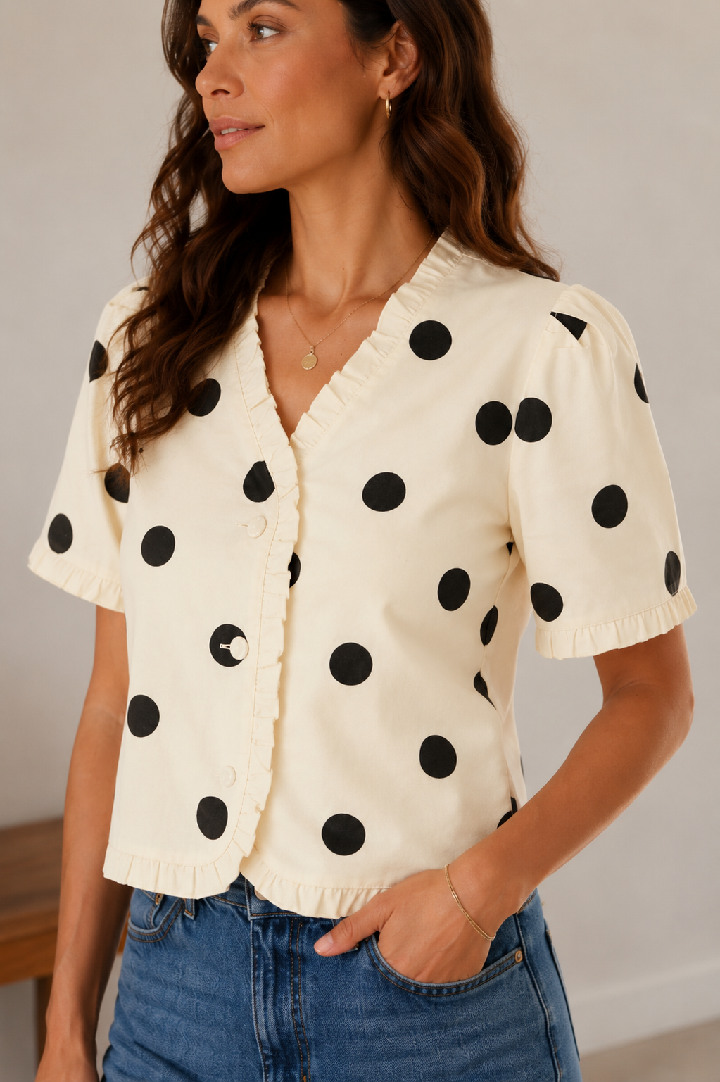 Aliya Ruffle Edge Dot Print Short Sleeve Jacket