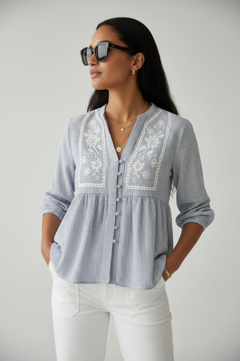 Valentina Embroidered Striped Button Up Woven Top