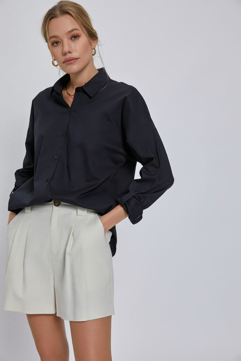 Paxe Oversized Long Sleeve Button Down Shirt with Collar and Open Pocket