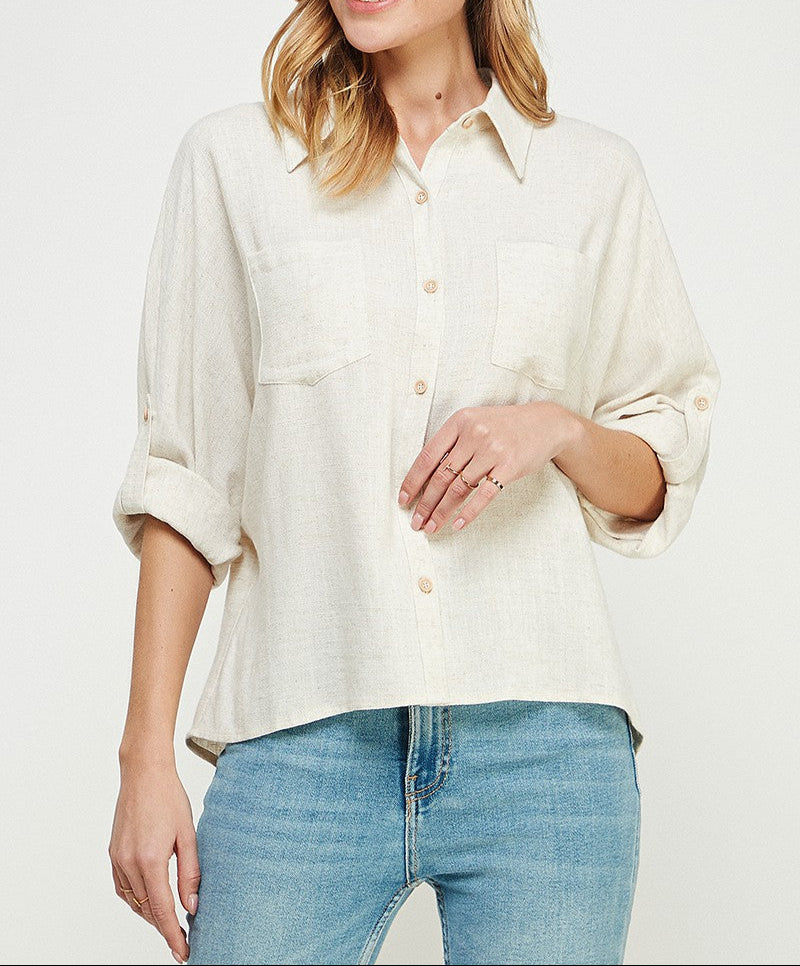Avry Relaxed Fit Linen Blend Long Sleeve Roll Tab Dolman Button Front Shirt