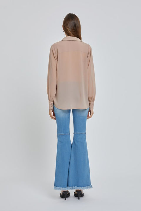 Greta Chiffon Long Sleeve Button Down Blouse with Turn Down Collar and front chest Pockets