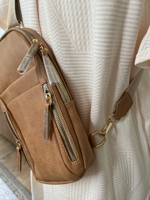 Lucinda Vegan Leather multi zipper Sling Crossbody Bag -