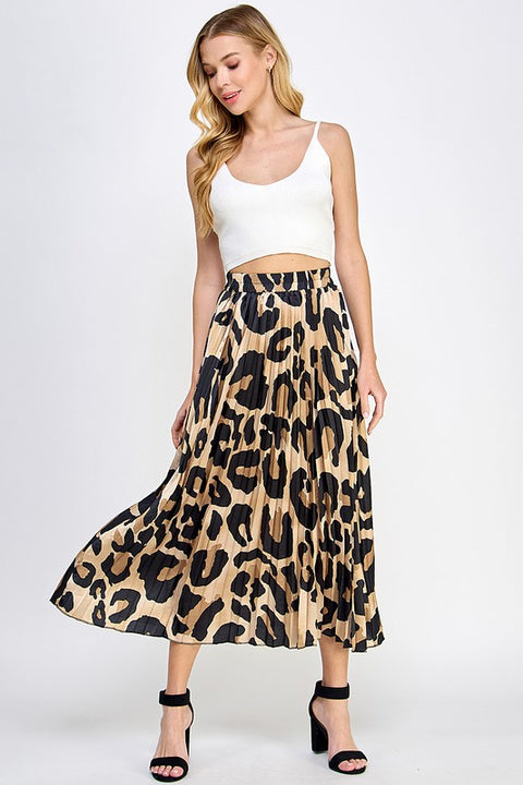 Alex Leopard Print Pleated Midi Skirt