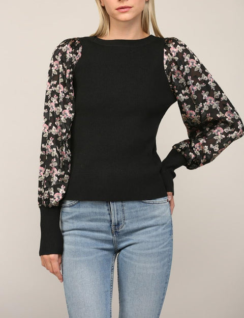 Kyna Contrast Velvet Puff Sleeve Round Neck Sweater