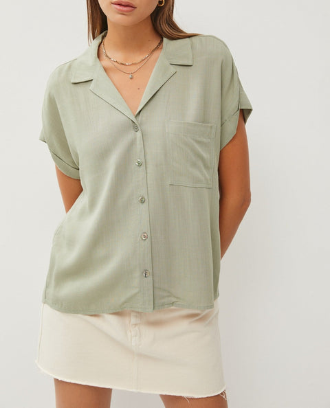 Willow Short Sleeve Button Down Top with Collars and Open V Neckline