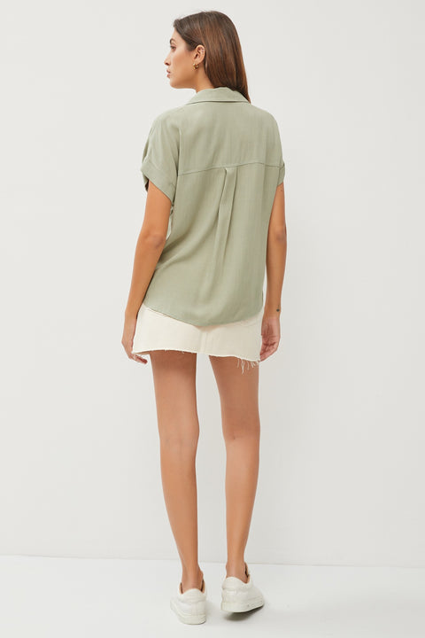 Willow Short Sleeve Button Down Top with Collars and Open V Neckline