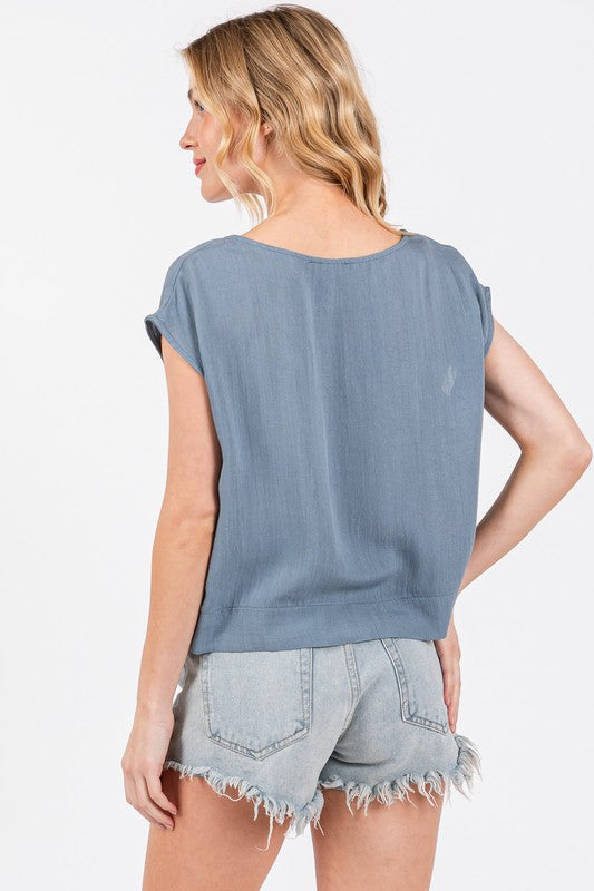 Cindy Woven Boxy Top With Extended Sleeve And Round Neck