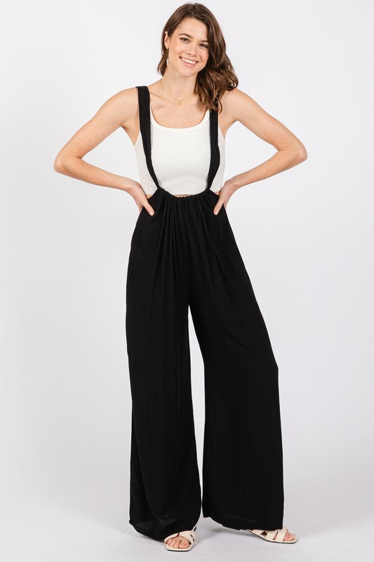 Renee Washed Rayon Crosshatch Suspender Style Jumpsuit