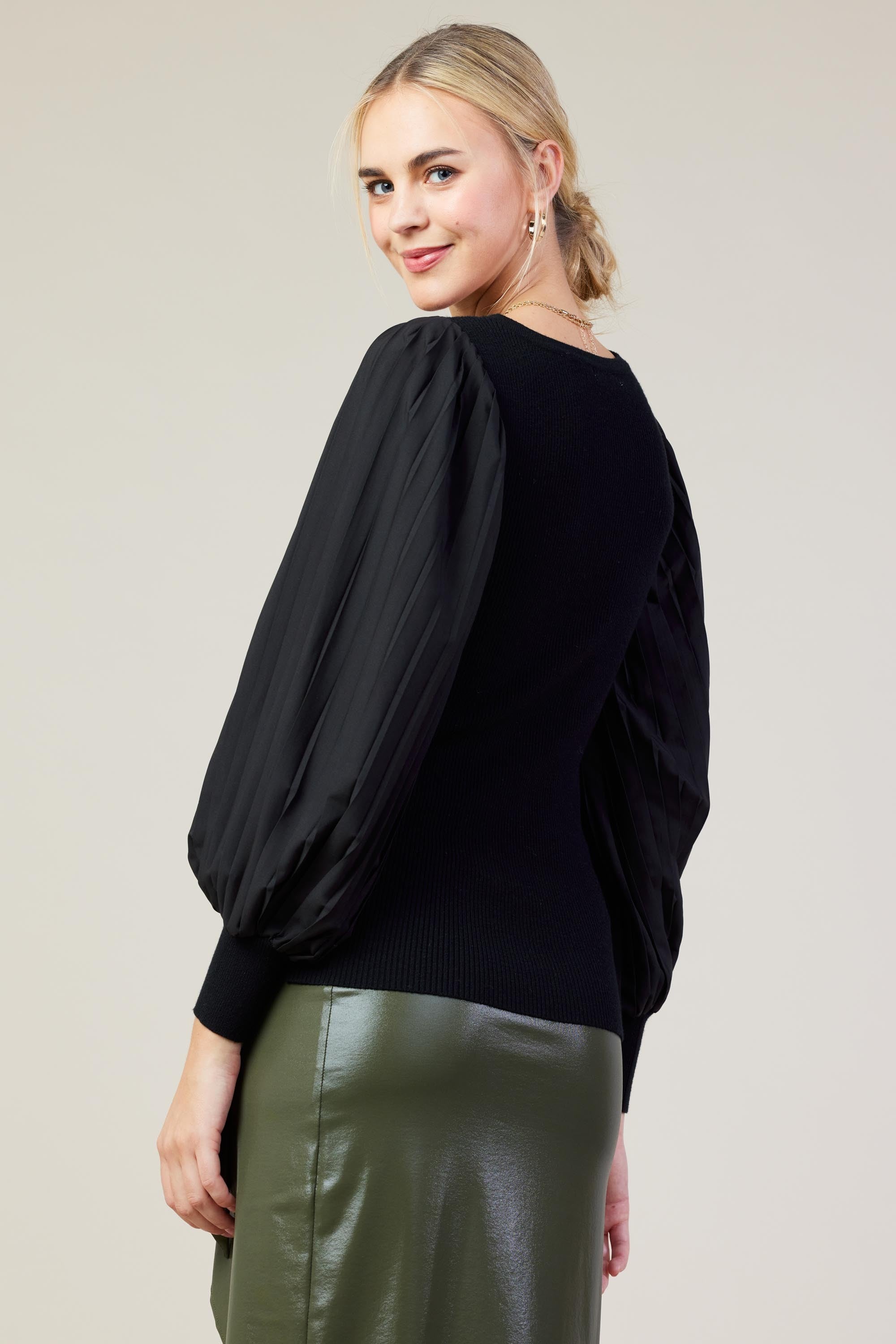 Ariela Mixed Media Pleated Sleeveless Top