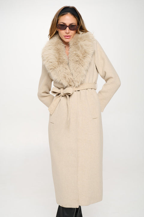 Lily Belted Long Vegan Wool Coat with Removable Fur Collar