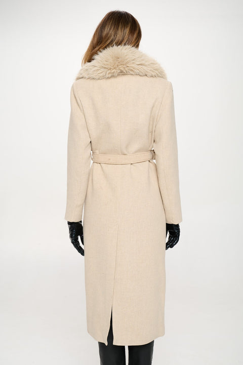 Lily Belted Long Vegan Wool Coat with Removable Fur Collar