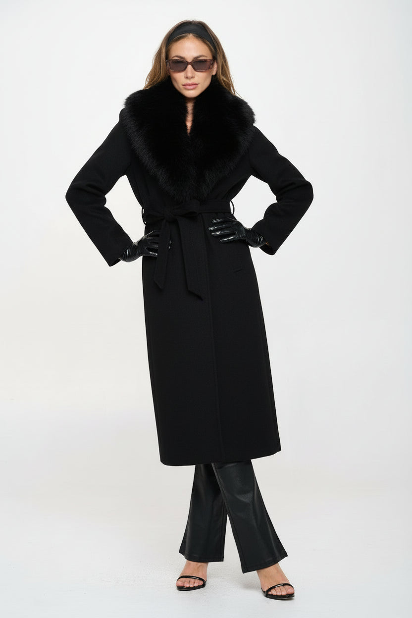 Lily Belted Long Vegan Wool Coat with Removable Fur Collar