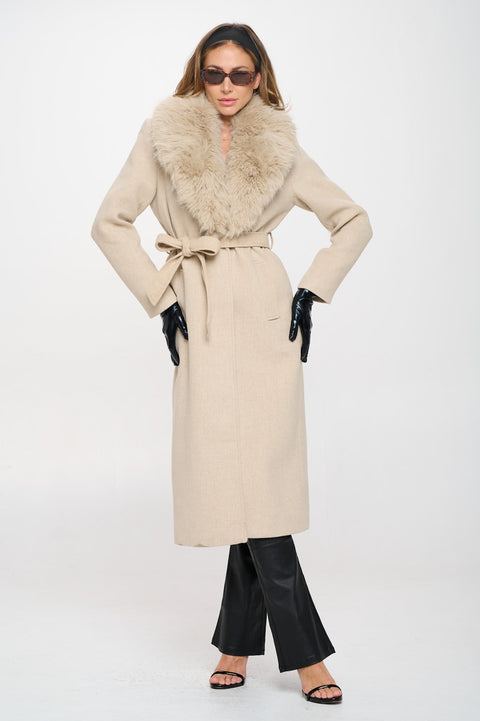 Lily Belted Long Vegan Wool Coat with Removable Fur Collar