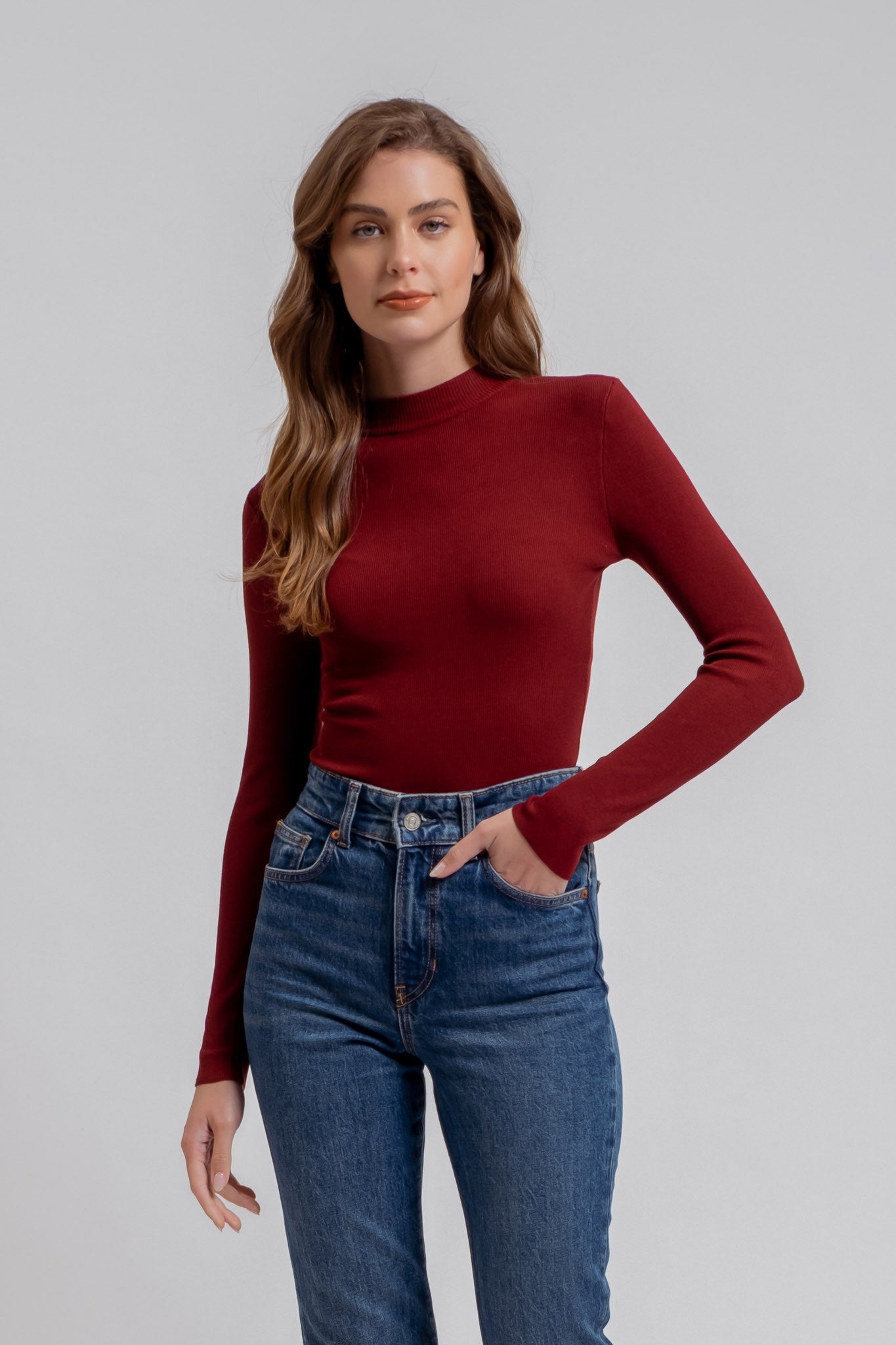 Shaih Mock Neck Long Sleeve Sweater Knit Top