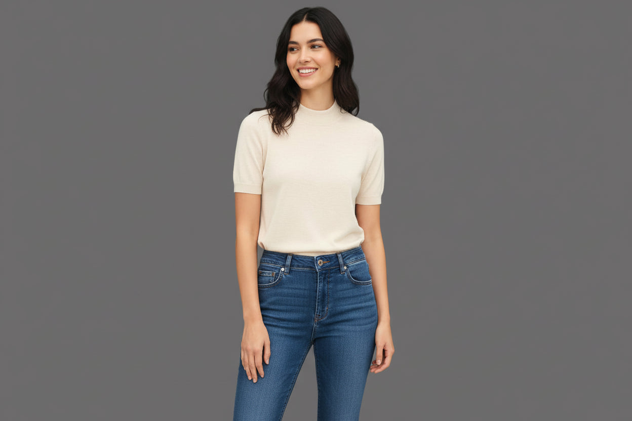 Shay Short Sleeve Knit Sweater Top With Mock Neck