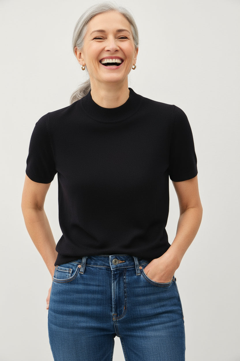 Shay Short Sleeve Knit Sweater Top With Mock Neck