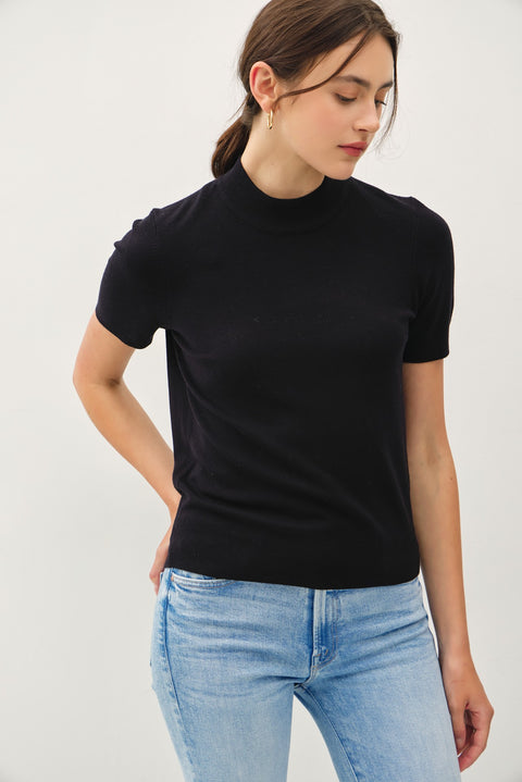 Shay Short Sleeve Knit Sweater Top With Mock Neck