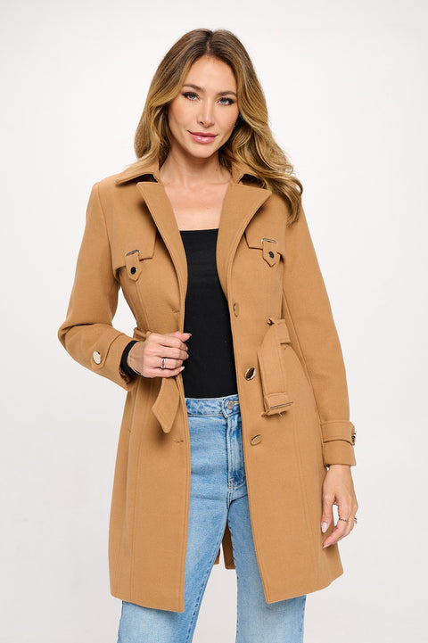 Adel Belted Mid Length Single Breasted Vegan Wool Coat
