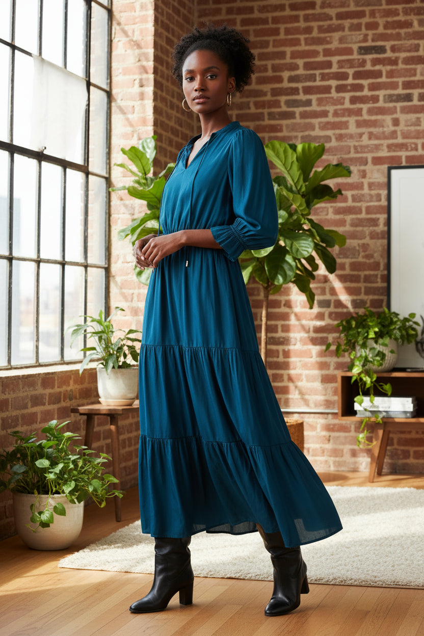 Leni Split Neck Ruffle Maxi Dress