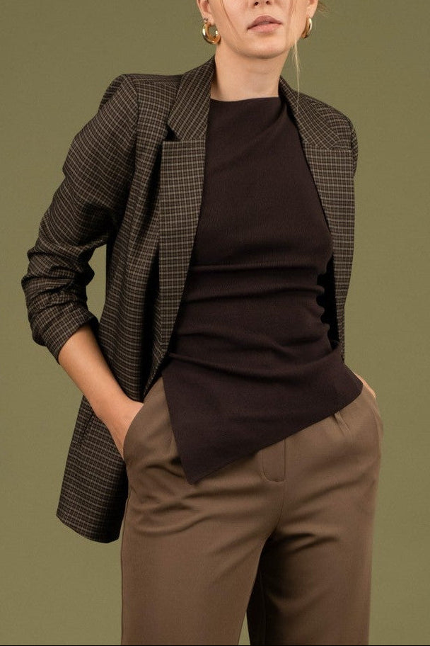 Tori Plaid 3/4 Ruched Sleeve Blazer