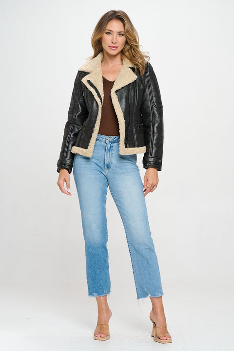 Mavrik Aviator Vegan Leather Shearling Bonded Jacket