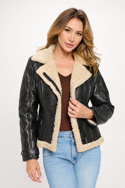 Mavrik Aviator Vegan Leather Shearling Bonded Jacket