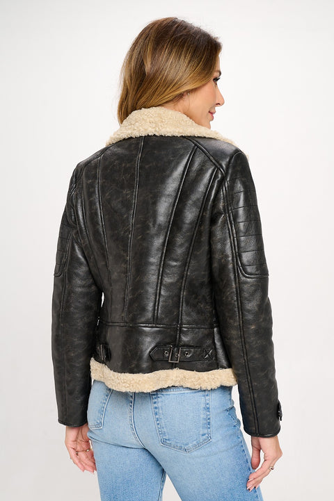 Mavrik Aviator Vegan Leather Shearling Bonded Jacket