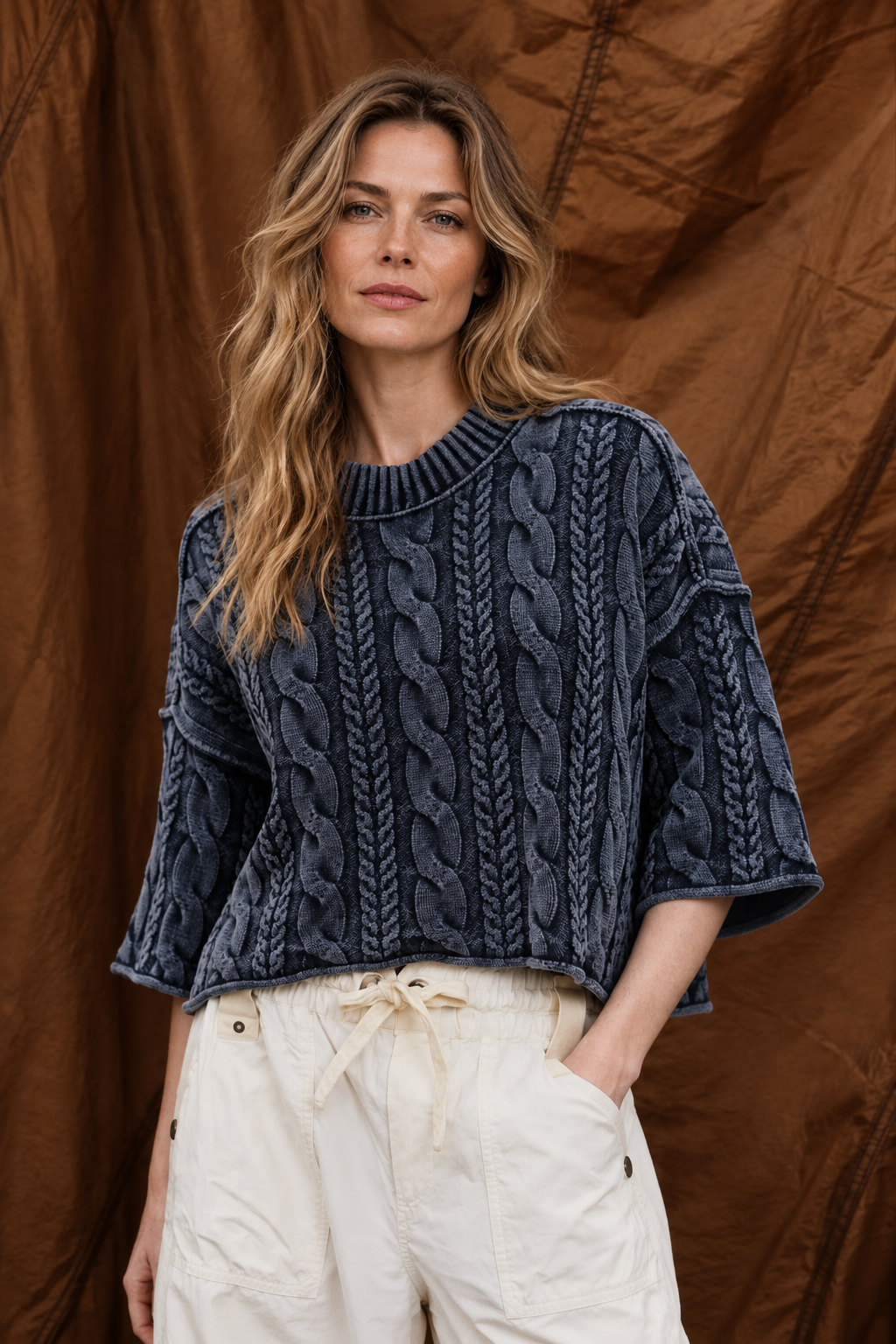 Dea Cropped Cable Knit Rolled Turtleneck Sweater