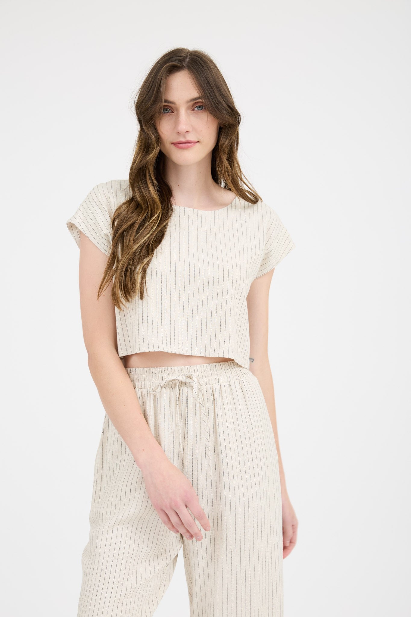 Ruby Pinstripe Back Button Short Sleeve Linen Top