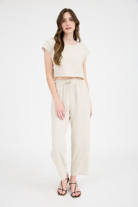 Ruby Pinstripe Back Button Short Sleeve Linen Top