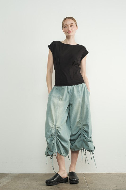 Deva Pleated Detail Short Sleeve Drop Shoulder Knit Top