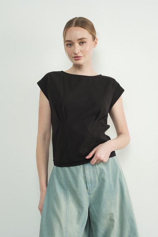 Deva Pleated Detail Short Sleeve Drop Shoulder Knit Top