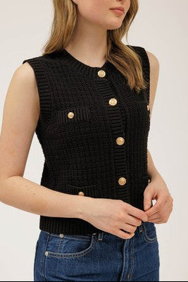 Devin Gold Button Sleeveless Pocket Detail Knit Vest Cardigan