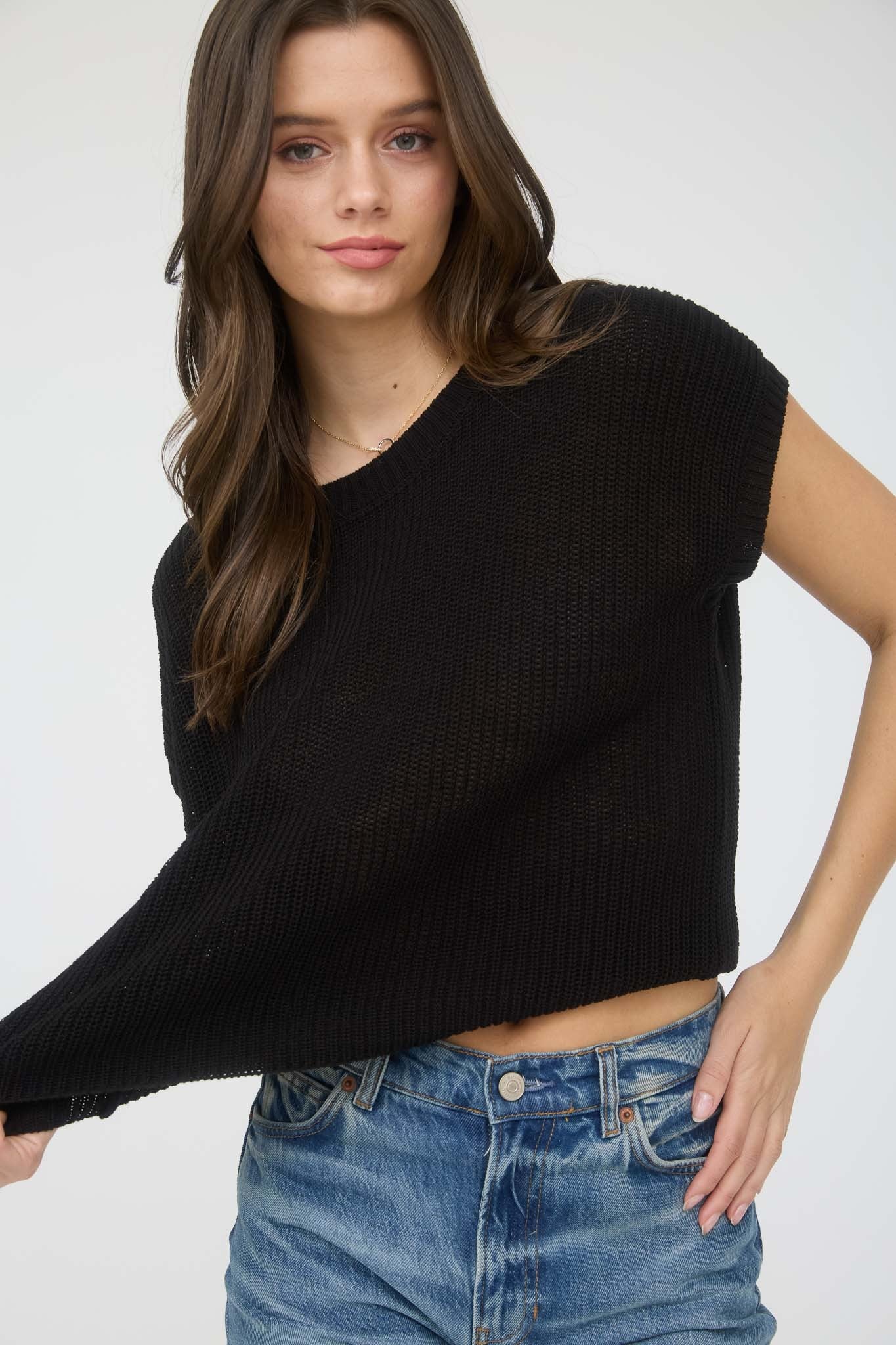 Riley Crew Neck Short Sleeve Crochet Knit Pullover